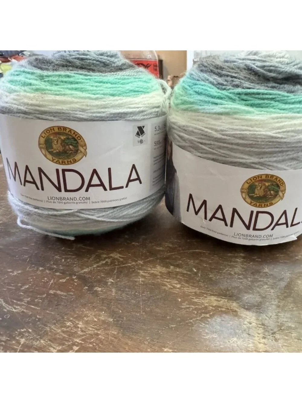 2 New Skeins Lion Mandala Genie 5.3 Oz 590 Yards Aqua Teal Gray Yarn